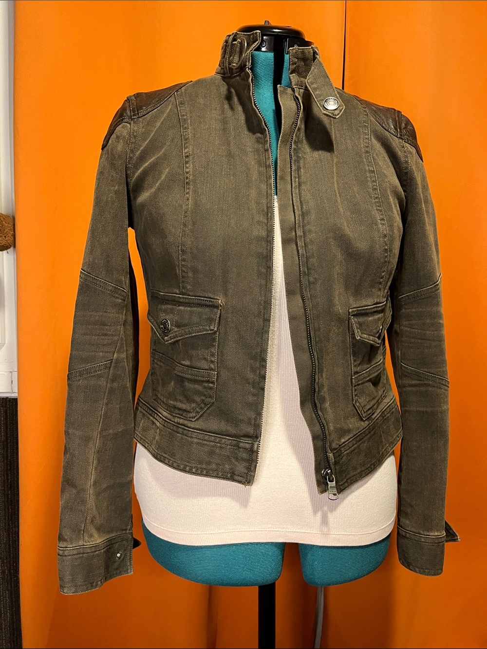 Ralph Lauren green label denim jacket with leather trim.